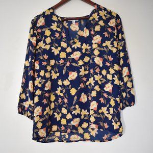Nine Britton navy & yellow floral chiffon blouse with wavy neckline